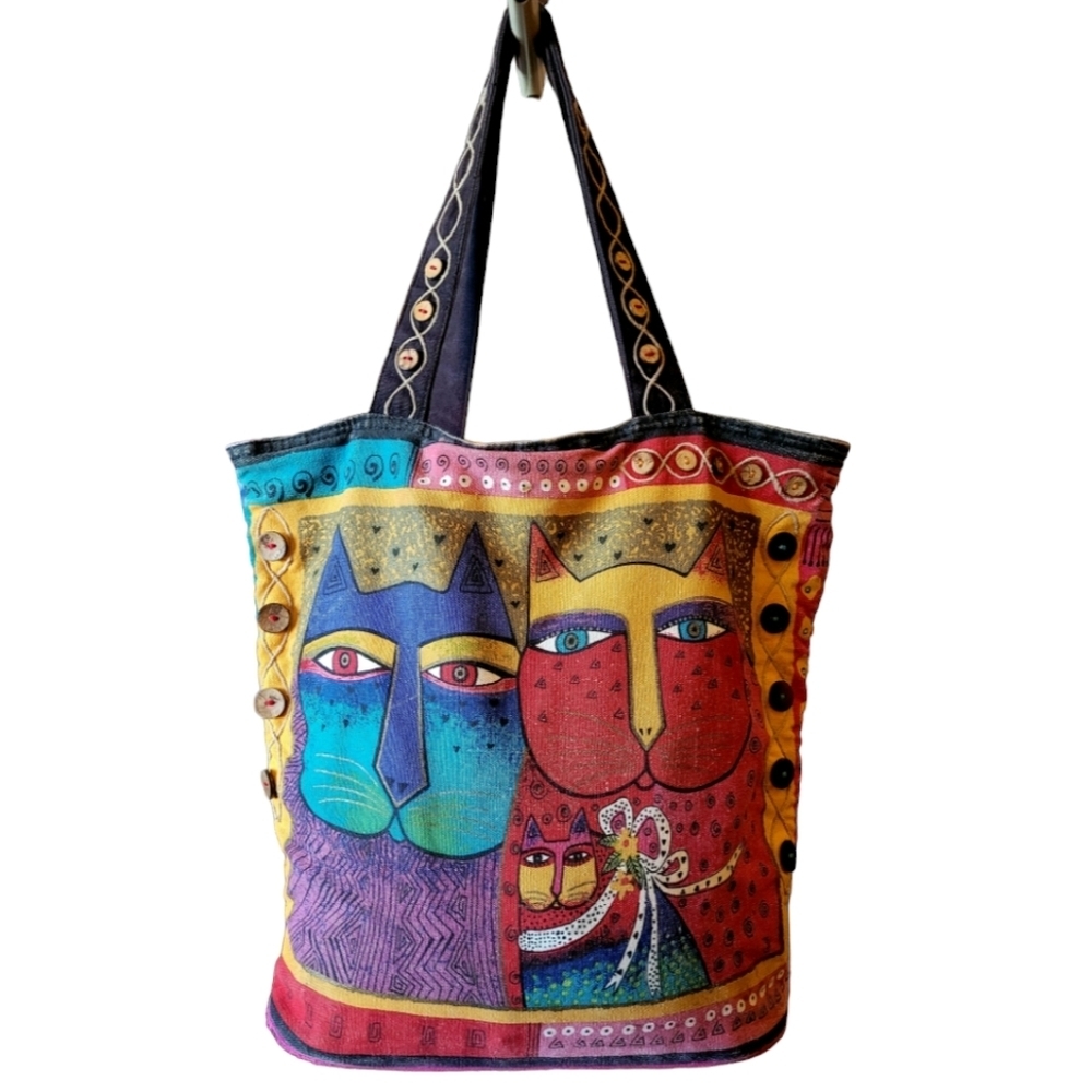 Laurel Burch Large Canvas Multicolored Cat Tote Distressed Two Sided Print